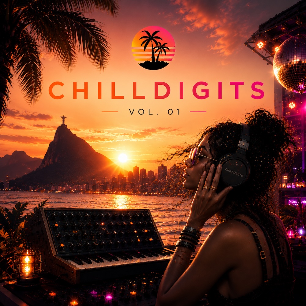 ChillDigits Vol. 01 cover artwork with tropical sunset, analog synthesizer and headphones